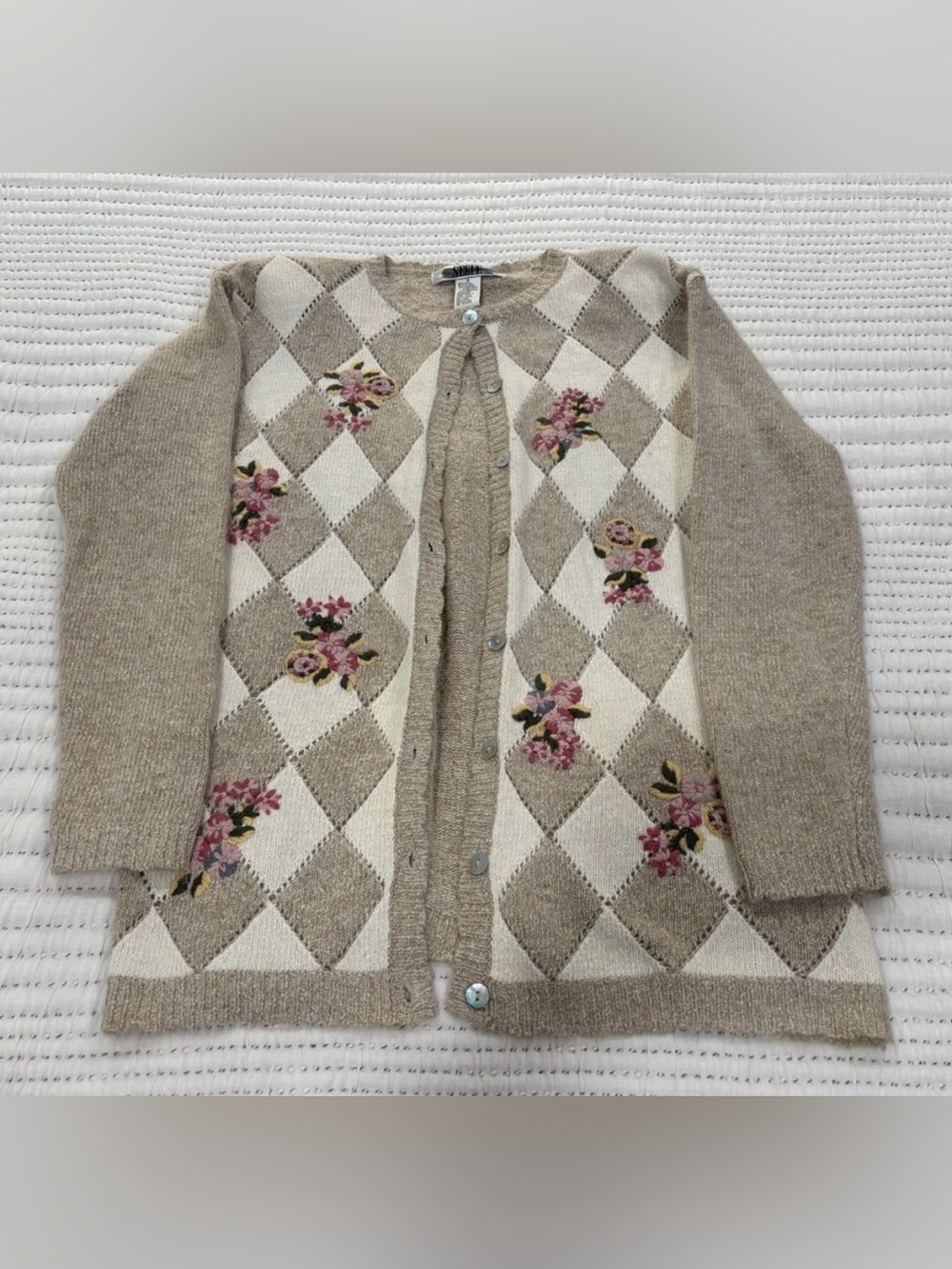 Vintage Silk Angora Blend Argyle Floral Embellished Chunky Grannycore Cardigan